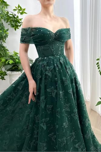 Sparkly Off Shoulder Tulle Prom Dresses with Butterfly Appliques Long A Line Formal Evening Party Gowns for Women4