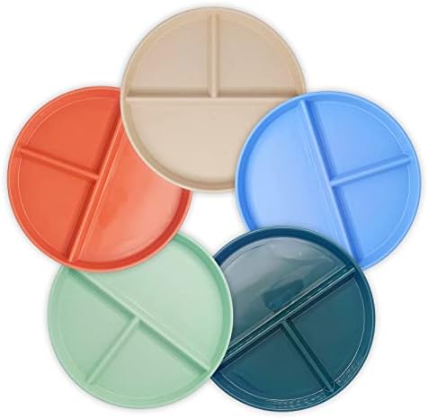 Adult Compartment Plate 5-Piece Set Unbreakable Portion Control Wheat Plastic Dinner Plate (Compartment/Picnic Plate), 9" Round, Microwave & Dishwasher Safe, Split Design, Bpa Free, Colorful For Kids
