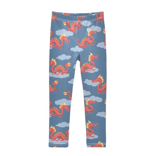 Red Chinese Dragon Cloud Girls Leggings Ultra Soft Compression Yoga Gym Pants for Kids 4-10T