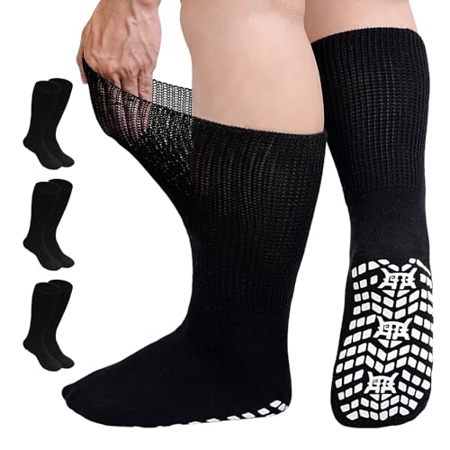 Image of CaiDieNu Non Slip Diabetic Socks: 3 Pairs Extra Wide Hospital Socks for Men Women with Grips Elderly Edema Black 13-15