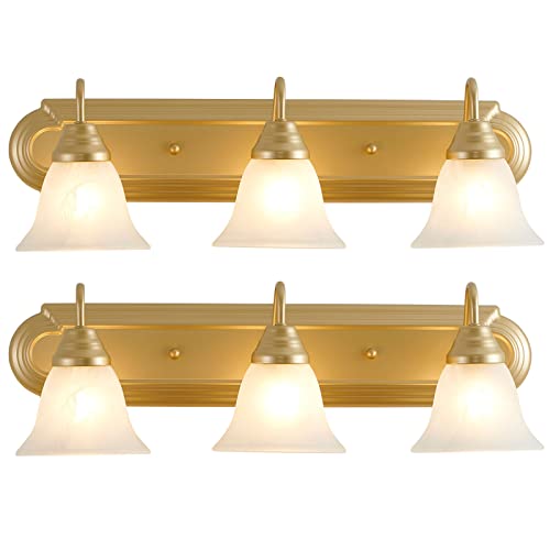 LUENFAT Gold 3-Light Bathroom Vanity Light Fixture, 24" Transitional Bathroom Light Fixtures Over Mirror, with Alabaster Glass Shade, Up or Down, Dimmable Lights for Bathroom, Powder Room, Pack of 2 LUENFAT Gold 3-Light Bathroom Vanity Light Fixture, 24" Transitional Bathroom Light Fixtures Over Mirror, with Alabaster Glass Shade, Up or Down, Dimmable Lights for Bathroom, Powder Room, Pack of 2