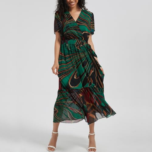 Image of Women's Summer Bohemian Floral Chiffon Dress Cap Sleeve V Neck Ruffle Long Flowy Boho Casual Vacation Dresses
