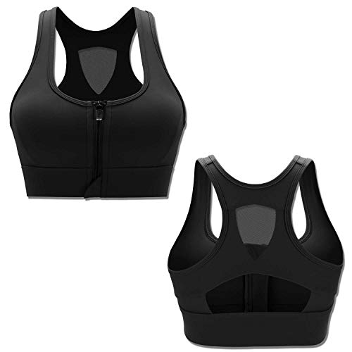 Cordaw Zipper In Front Closure Sports Bra High Impact Racerback Workout Yoga Top, Black Large #TOP3