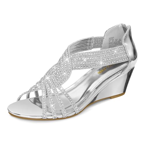 PIZZ ANNU Women's Diana Low Wedge Sandals Sparkly Rhinestone Open Toe Fashion Dress Shoes for Woman Lady in Bridal Dance Evening