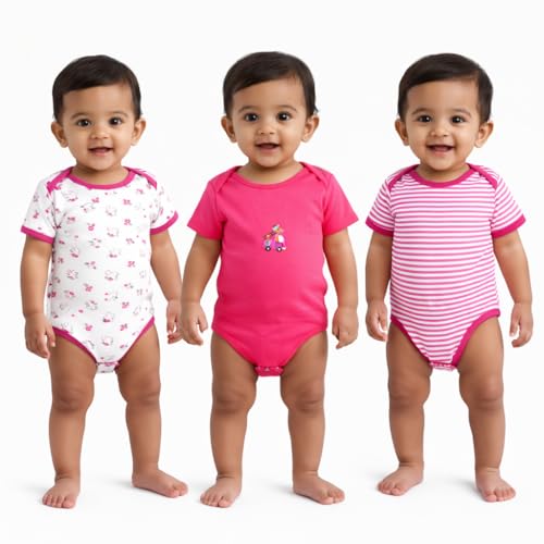 Image of VParents Rompers for New Born Baby Girl & Boy (Pack of 3), 100% Cotton Half Sleeve Romper /Bodysuit /Jumpsuit /Onesies /Sleepsuit For Infants & Toddlers, Comfortable Daily Wear Clothes For Babies