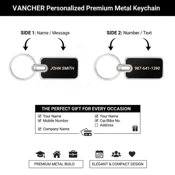 Image of VANCHER Personalized Premium Metal Keychain with Name Engraved - Black Finish, Dual-Side Customizable - Gift for Men, Friends, Office, Bike /Car Keys, Birthday & Special Occasions