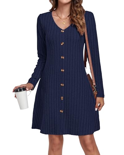 AUSELILY Herbstkleid Damen Strickkleid Dekorative KnöPfe Leichte Langarm Kleid Herbst Winter V-Ausschnitt A Linien Pulloverkleid Winterkleid Elegant...
