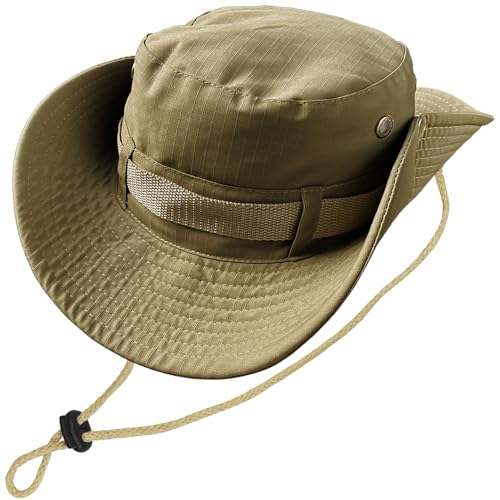 Kugooyi Boonie Sun Hat for Men & Women Wide Brim Outdoor Bucket Hat with Chin Strap Lightweight Quick-Dry Fishing Hat for Hiking Camping Beach & Travel (Dark Khaki)