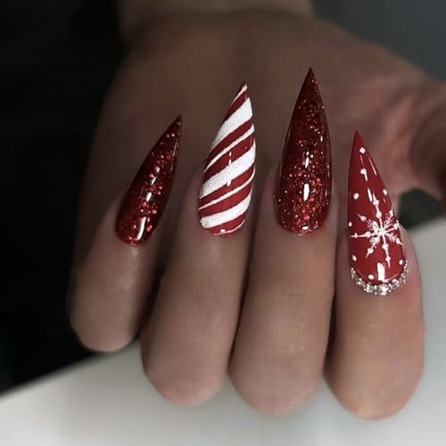 Clawrex Weihnachten Nägel Zum Aufkleben Lang, 24 Stück Weinrot Gestreift Press on Nails mit Schneeflocke, Falsche Nägel mit Nagelkleber, Full Cover Fingernägel, Artificial Fingernails für Chrismas