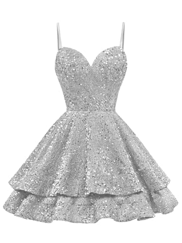 Tiered Sequin Homecoming Dresses Short for Teens 2024 Spaghetti Straps A-Line Prom Dress
