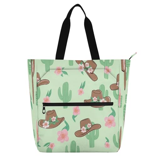 Cactus Cowboy Hats Book Tote Bag,Large Capacity Handbag with Zipper Perfect for School,Travel,Shopping
