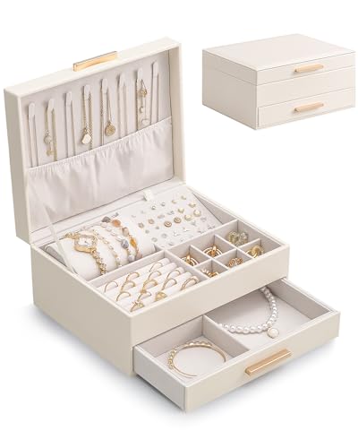 Lolalet 2-Layer Jewelry Box Organizer for Women Girls, Jewelry Storage Case Holder with Drawers for Necklaces Ring Earrings Bracelet Watch, Gifts for Galentines Valentines Girlfriend Wife -Beige
