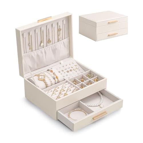 Lolalet 2-Layer Jewelry Box Organizer for Women Girls, Jewelry Storage Case Holder with Drawers for Necklaces Ring Earrings Bracelet Watch, Gifts for Galentines Valentines Girlfriend Wife -B