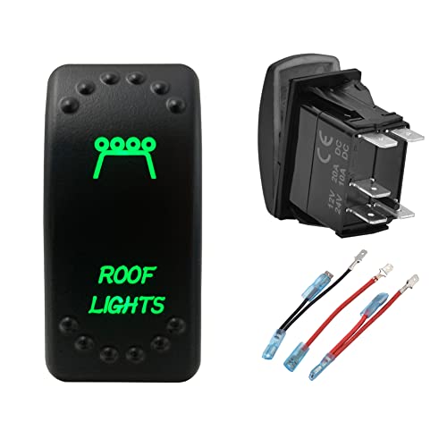 Image of Green Backlit Rocker Switch 5 Pin ON-Off Laser Etched Button Switch with Wires for Car Marine Boat UTV 20A /12V 10A /24V (ROOF Lights)