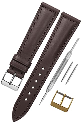 Tapered Italian Leather Watch Strap | 20 mm Dark Brown | Sleek 4mm Taper | Smooth Grain Calf Leather Band | Men & Ladies | Silver & Gold Buckles | Spring Bars & Tool Included (20mm, Dark Brown)