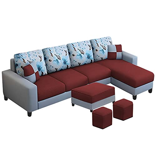 Image of Orland 8 Seater RHS L Shape Sofa with Center Table & 2 Puffy | Color - (Maroon Grey Fabric)