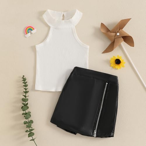 Toddler Girl's 2 Piece Outfits Sleeveless Halter Ribbed Tank Top Pu Leather Aline Skirt Shorts Set3