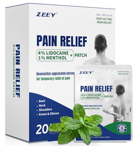 ZEEY 4% Lidocaine Pain Relief Patches with 1% Menthol Maximum Strength OTC for Back Knee Neck Shoulders Joints Muscle Soreness Fast Acting Long Lasting Large Gel Patch 5.5 x 3.94 20Ct