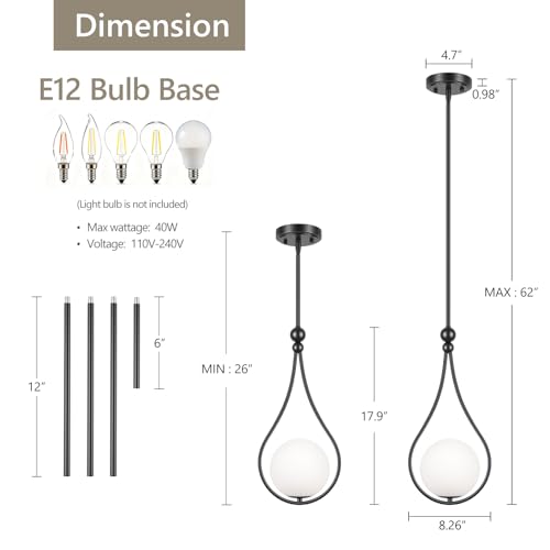 Image of Black Pendant Lights Kitchen Island with Milky White Globe Glass, 2 Pack | Mid Century Adjustable Hanging Pendant Light Fixtures
