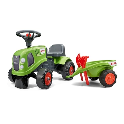 Falk Claas Traktor mit Anhänger, Rechen und Schaufel, 2 Sets Aufkleber, Rutschspielzeug für Kleinkinder + 1 Jahr FA212C