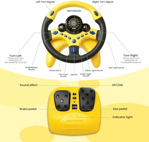 Kids Steering Wheel Toy for Car Backseat with Brake and Gas Pedal,Yellow — 사진 4