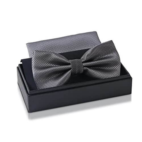 Massi Morino Fliege Anthrazit mit Einstecktuch für Herren Set - Anzug Herrenfliege zur Hochzeit - Verstellbare Schleife Grau