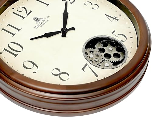 Image of HARRIS & CO. CLOCKMASTERS Luxe Edition Premium Luxury Wooden Wall Clock with Thick Wooden Frame & Moving Gears,Silent Sweep Noiseless Technology,(Size Large - 17 Inch),Model - SOHO