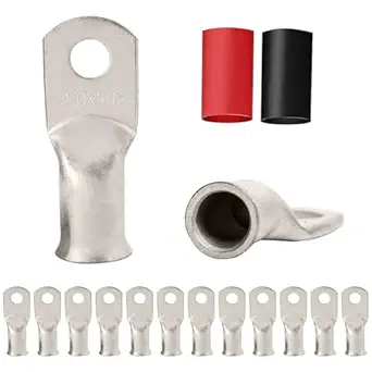 12PCS 2/0x5/16 Tinned Copper Ring Terminal Connectors 2/0 AWG Heavy Duty Battery Cable Ends Bare Copper Lugs with 12 PCS 3:1 Heat Shrink Tubing for Vehicle Boat Marine Use