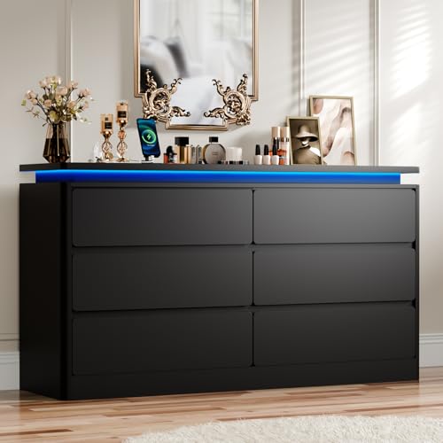 6 Drawer Dresser for Bedroom 47.2 Long Black Chest of Drawers with Charging Station & LED Lights Curved Profile Design Double Wooden Closet Storage Cabinet Modern Dresser TV Stand with Deep Drawers