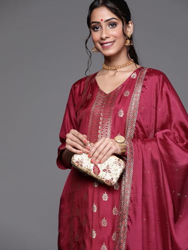 Image of Libas Womens Embellished Silk Blend Straight Kurta With Trousers and Dupatta