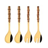 Uniturcky Stainless Steel Flatware Set, Bamboo Handle Silverware Set, Reusable Eating Utensils for Home Kitchen and Restaurant, Modern Gold Cutlery Set, 4 Pieces Serving Utensil
