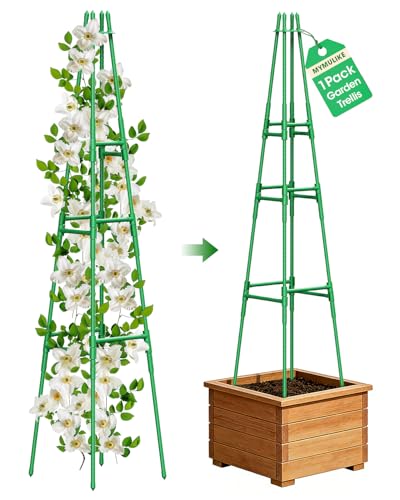 MYMULIKE Garden Trellis for Climbing Plants Outdoor 165cm Plant Garden Obelisk Support for Climbing Vine Plant Support Tower Cages Plastic Coated Metal Supports for Outdoor Indoor Tomato cage