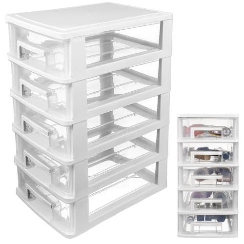 Mobestech Caja Organizadora de Plástico 5 Cajones Apilables, Organizador de Escritorio para Artículos de Oficina y Joyas, Almacenamiento Compacto para Estudio y Hogar