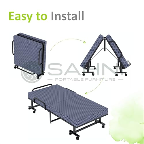 Image of SAHNI PORTABLE FURNITURE Rollaway Folding Single Bed with 4-inch Mattress Attached, Metal Frame, Lockable Wheels, 75x36 inch, Black
