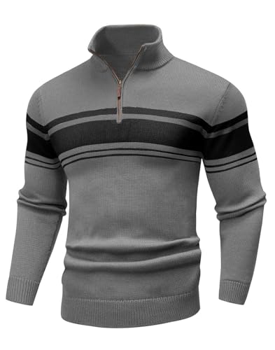 Mens Sweater Quarter Zip Sweater Casual Striped Long Sleeve Fall Winter Warm Polo Pullovers