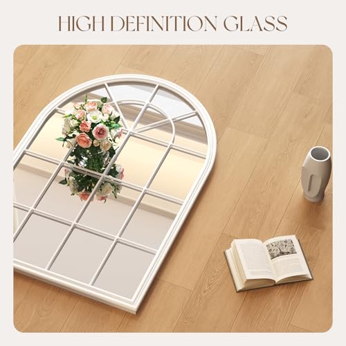 Image of Window Mirrors for Wall Decor - Large Farmhouse Arched Window Pane Mirror Decor Living Room,Ideal Wall Mounted Mirror for Entryway, Fireplace, Dining Room,Bedroom,36 inchX24 inch White Metal Framed