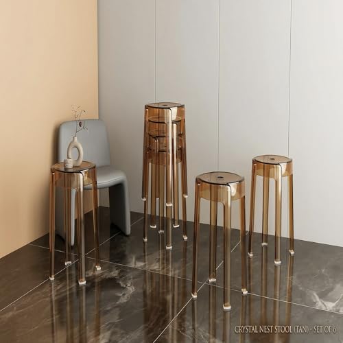 Image of The Artment your artistic apartment Tan Color CrystalNest Transparent Acrylic Stackable Round Accent Stool, Modern Side Stool for Living Room, Bedroom and Home & Office (Set of 6)