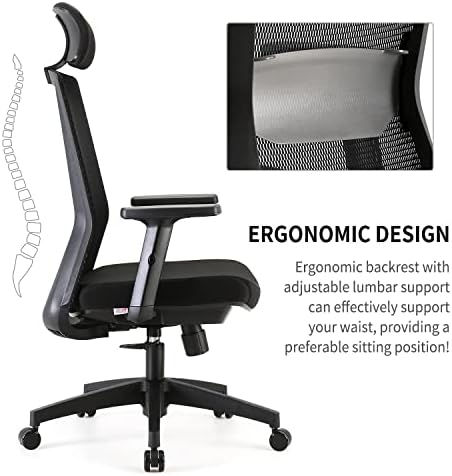 SIHOO Ergonomic Office Chair, High back Mesh Chair, Swivel Computer Chair with Adjustable Lumbar Support, Armrests, Head Support, Padded Seat, Black