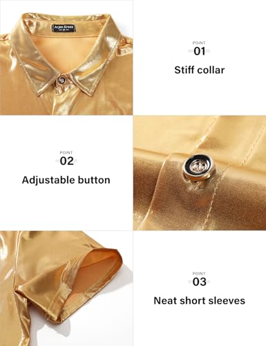 Arjen Kroos Mens Sequin Top 70s Outfit Disco Rave Party Collared T-Shirt Short Sleeve Breathable Metallic Shirt4