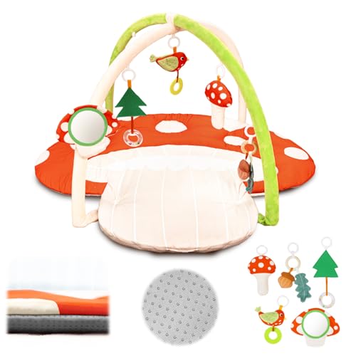 Image of Beavtaens Upgrade Thickened Baby Play Gym, Extra Large Activity Mat, Machine Washable Playmat, Tummy Time Mat with Detachable Toys for Motor Skills, Non-Slip Bottom, Mushroom