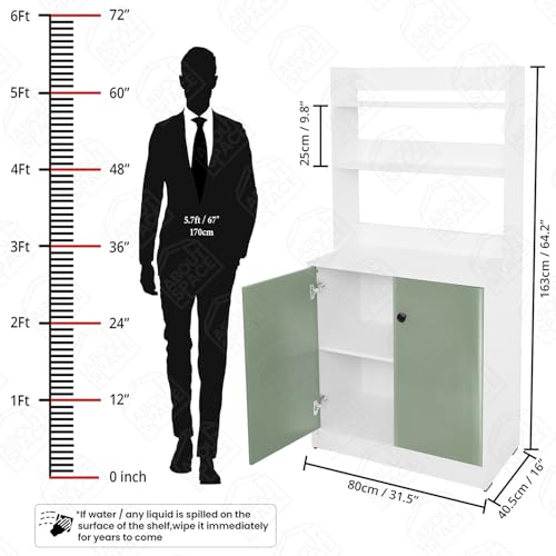 Image of ABOUT SPACE 5 Tier Kitchen Organizer Rack - 5.5 ft Wooden Kitchen Cabinet with 3 Open Shelves & 2 Storage Rack with Door Easy to Assemble for Home Living Room (White, Green - L 80 x B 40.5 x H 163 cm)