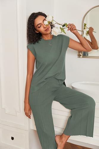 Image of Ekouaer Lounge Sets for Women Two Piece Outfits Knit Cap Sleeve Tops Wide Leg Pleated Pants Casual Dressy Sweater Sets
