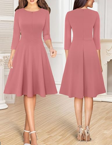 Image of VFSHOW Womens Work Business Front Zipper A-Line Dresses 3 /4 Sleeve Office Church Fit and Flare Skater Swing Knee Length Dress