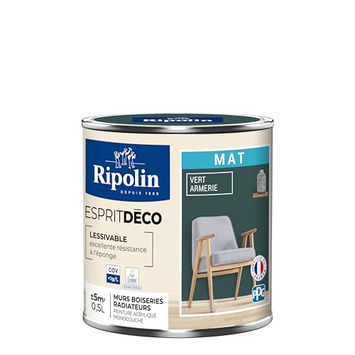 RIPOLIN - Peinture Intérieure Multi-Supports – Murs, Boiseries & Radiateurs – Ultra Couvrante – Lessivable – Application Facile – Ecolabel - Aspect Mat - 0,5L - Vert Armerie