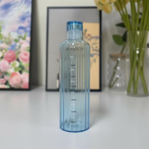 Image of Glass Water Bottle for Adults, Student Direct Drinking Freezer Safe, Leak Proof, Gym Travel On-The-Go Hotel-Style Design Borosilicate Glass Water Bottle With Time Marker (Blue Lining)