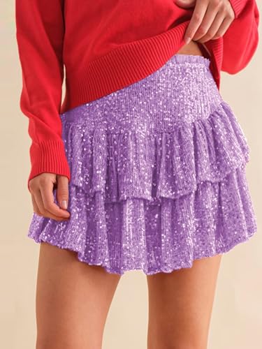 MiiVoo Women’s Sequin Ruffle Mini Skirt Sparkly High Waist Lined Layered Flared Pleated Shiny Party Club Short Skirts4