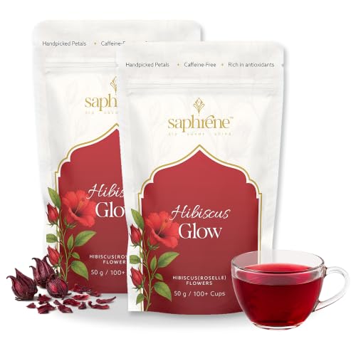 Image of Saphrene Hibiscus Flower Tea - 100g(Pack of 2 X 50g) | 200+ Cups Herbal Tea | Caffeine-Free | Skin Glow & Hair Care Tea | Premium Whole Dried Petals| NABL Lab-Tested | Gudhal | Roselle