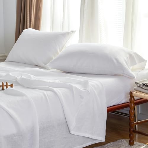 Parure de lit 100 % lin français blanc très grand lit avec drap plat - 2