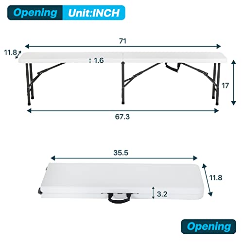 Dkelincs 6FT Folding Bench Portable Bench Plastic Outdoor Bench Picnic Bench Camping Folding Chair with Carrying Handle for Picnic Camping Dining Party, White(1 Pack)