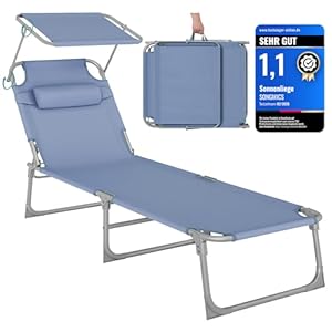 SONGMICS Sonnenliege, klappbarer Liegestuhl, 193 x 53 x 29 cm, trägt bis zu 150 kg, Sonnenschutz, Kopfkissen, verstellbare Rückenlehne, für Garten, Pool, Terrasse, blau GCB192Q01